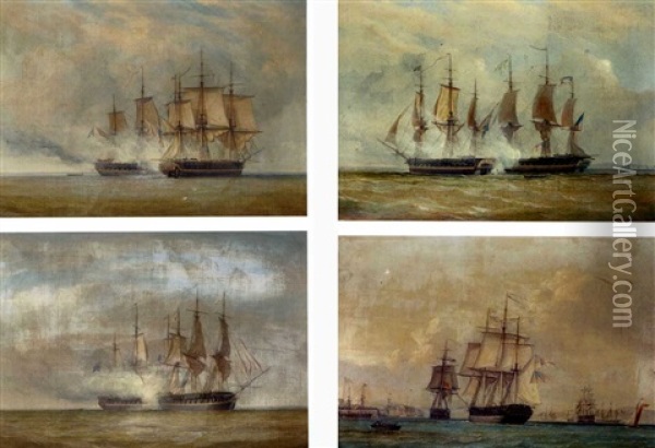 The First Cannon Volley Between H.m.s. "shannon" And The U.s.s. "chesapeake" (+ 3 Others; Set Of 4) Oil Painting - John Christian Schetky