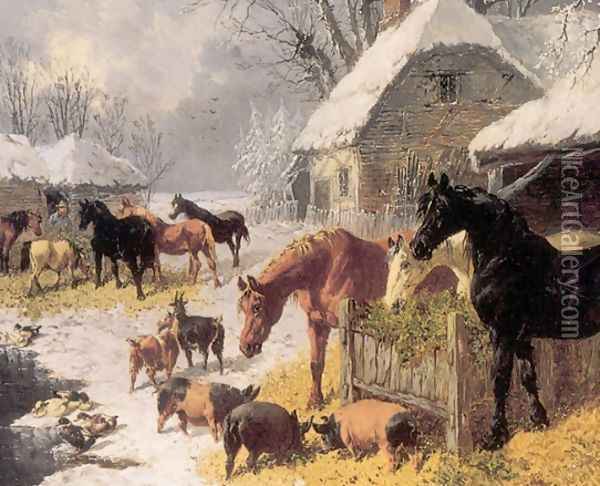 Horses and Pigs in Winter Oil Painting - John Frederick Herring Snr