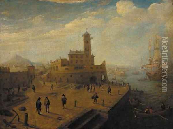 A mediteranean harbour with figures on a quay Oil Painting - (circle of) Wittel, Gaspar van (Vanvitelli)
