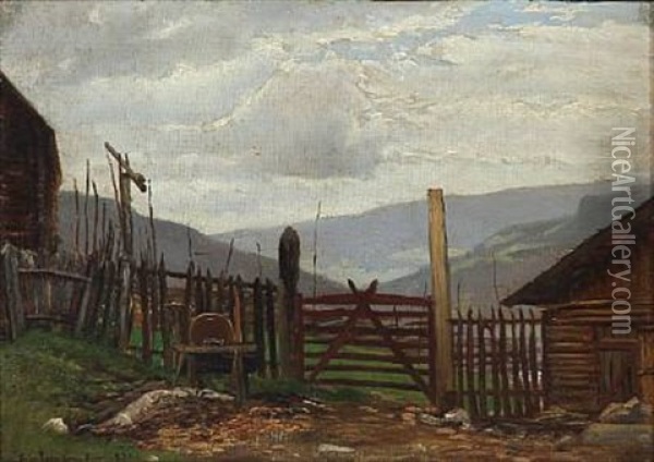 View From A Farm With A View Towards The Mountains In Oyer, Norway Oil Painting - Viggo Pedersen