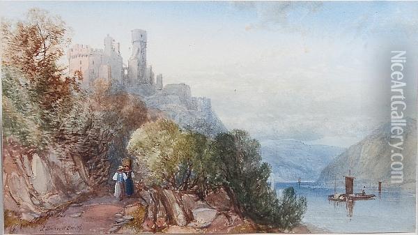 River Scene, Possibly Cherbourg Castle With Figures In The Foreground Oil Painting - James Burrell-Smith