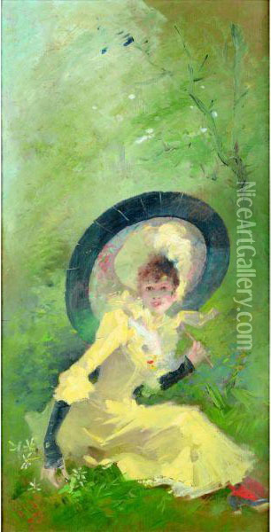 Jeune Fille A L'ombrelle Japonaise Oil Painting - Jules Cheret