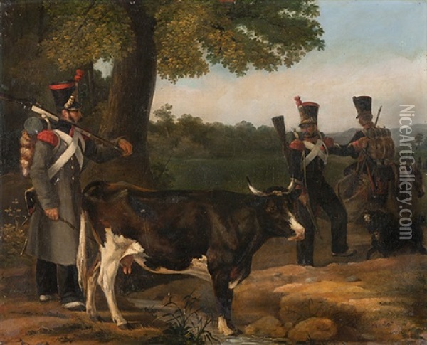 Franzosische Soldaten Mit Kuh Oil Painting - Nicolas Toussaint Charlet
