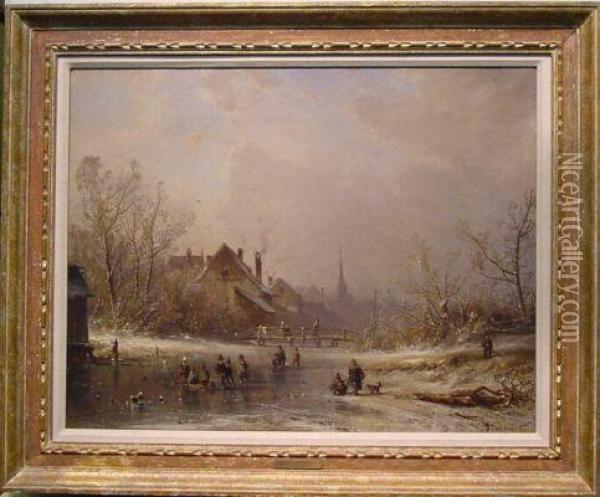 Skaters On A Frozen Canal Oil Painting - Adolf Stademann