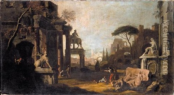 A Capriccio With Architectural Fragments, A Statue Of A Lion, An Equestrian Monument And Figures Oil Painting - Marco Ricci