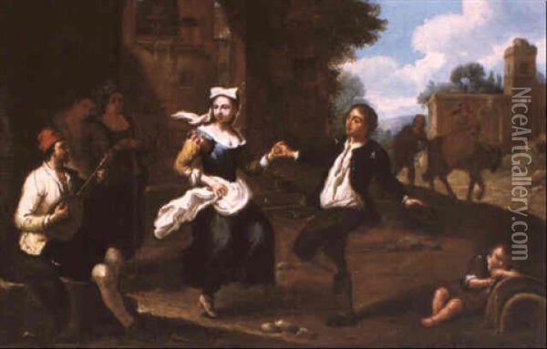 Landscape With Peasants Dancing To A Mandolin Oil Painting - Giuseppe Maria Crespi