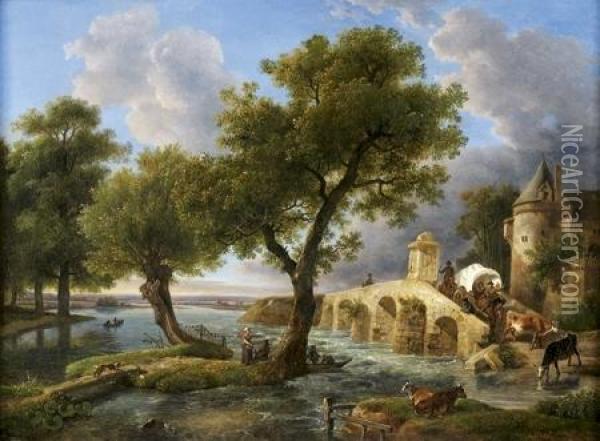 Chateau Fortifie Et Pont Sur Une Riviere Avec Des Bergers Oil Painting - Jean Louis (Marnette) De Marne