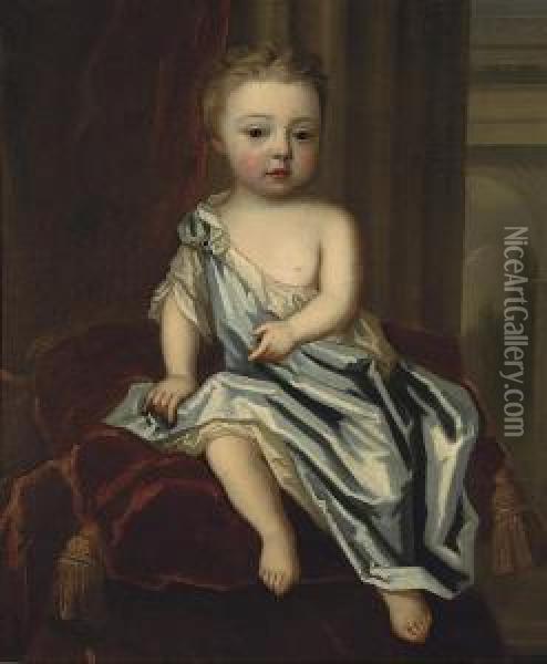 Portrait Of A Young Child, Full-length, In A Blue Mantle, Seated Ona Red Velvet Cushion Oil Painting - James Francis Maubert