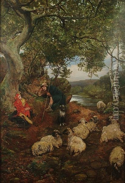 Jester And Shepherd With Flock By A River Oil Painting - Frederick Barnard