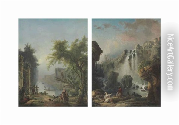 The Canal; And The Cascade (pair) Oil Painting - Hubert Robert