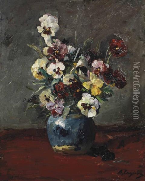 A Still Life With Violets In A Blue Vase Oil Painting - Baruch Lopez De Leao Laguna
