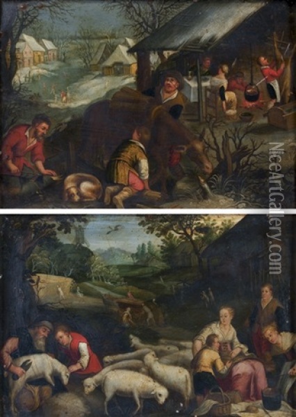 L'ete Ou La Tonte Des Moutons (+ L'hiver Ou Les Ramasseurs De Fagots; Pair) Oil Painting - Cornelis de Baellieur the Elder