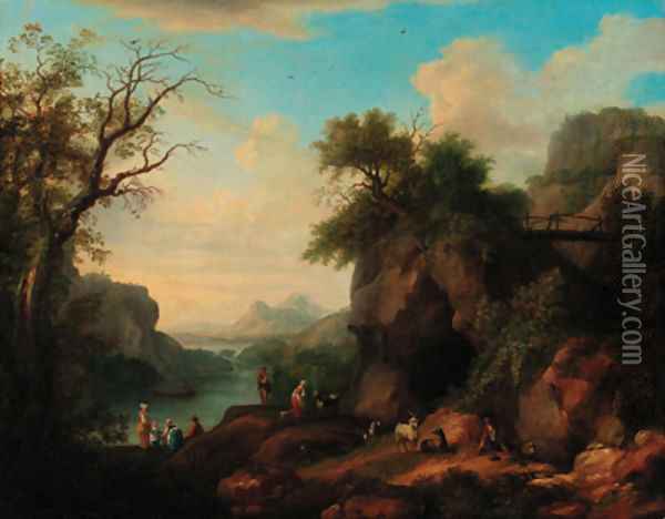 A mountainous wooded river landscape with a goatherd and flock, peasant women in the foreground Oil Painting - Jakob Philippe Hackert