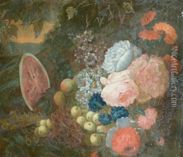 Still Life With Fruit And Flowers In A Garden Oil Painting - Pieter Casteels