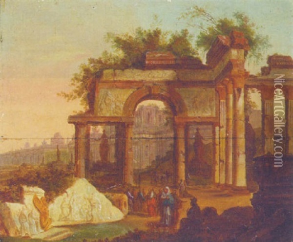 Figures Amongst Classical Oil Painting - Norbert Joseph Carl Grund