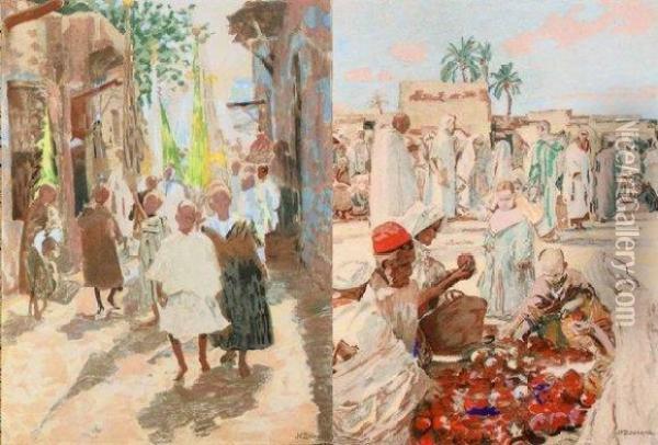 Ruelle Et Place Animee En Afrique Du Nord Oil Painting - Joseph-Felix Bouchor