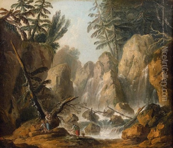 Lavandieres Au Bord D'une Cascade De Montagne Oil Painting - Louis-Philippe Crepin