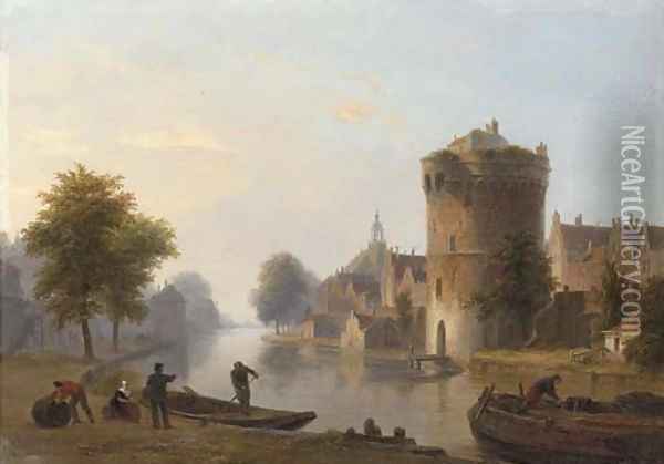 Figures by a Dutch canal Oil Painting - Bartholomeus Johannes Van Hove