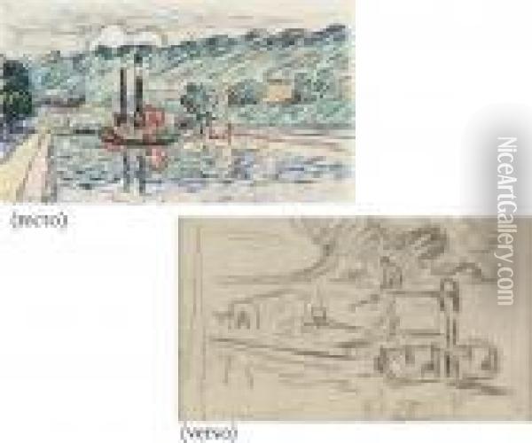 Remorqueur Sur Le Canal (recto); Etude De Remorquer Sur Le Canal(verso) Oil Painting - Paul Signac