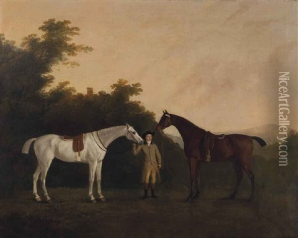 A Groom Holding A Grey And A Dark Bay Hunters In A Wooded Landscape, A Tower Beyond Oil Painting - John Boultbee