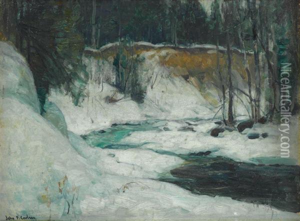 Snow Covered Embankment With Stream Oil Painting - John Fabian Carlson