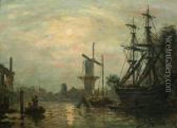 Harbor Scene With Windmill Oil Painting - Johan Barthold Jongkind