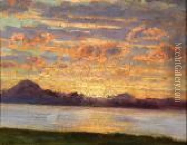 Lake With Setting Sun Oil Painting - Adelsteen Normann