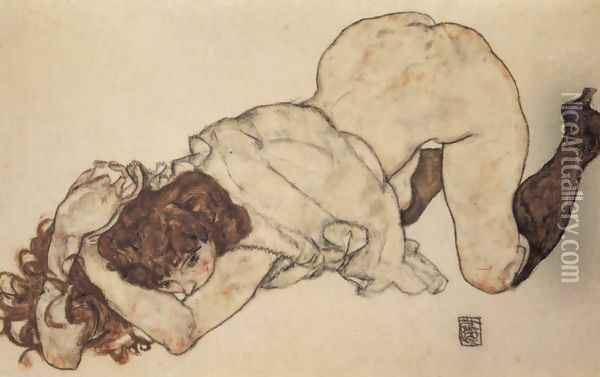 Kneeling girl, on both elbows supported Oil Painting - Egon Schiele