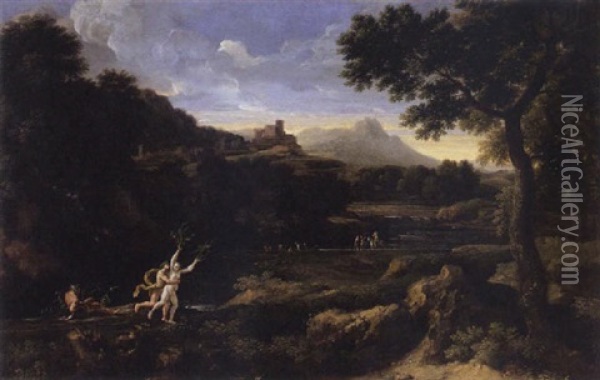 A Wooded Landscape With Apollo And Daphne Observed By Peneus Oil Painting - Gaspard Dughet