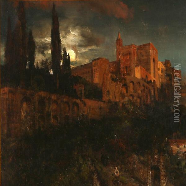 Moonlight Over A Southern Castle Oil Painting - Andreas Achenbach