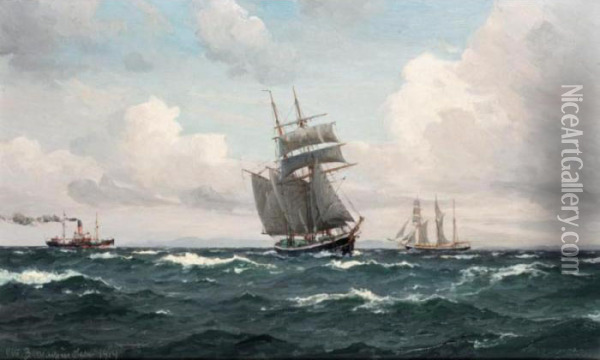 Steam Boat And Other Sailing Boats In A Stiff Breeze Oil Painting - Christian Benjamin Olsen