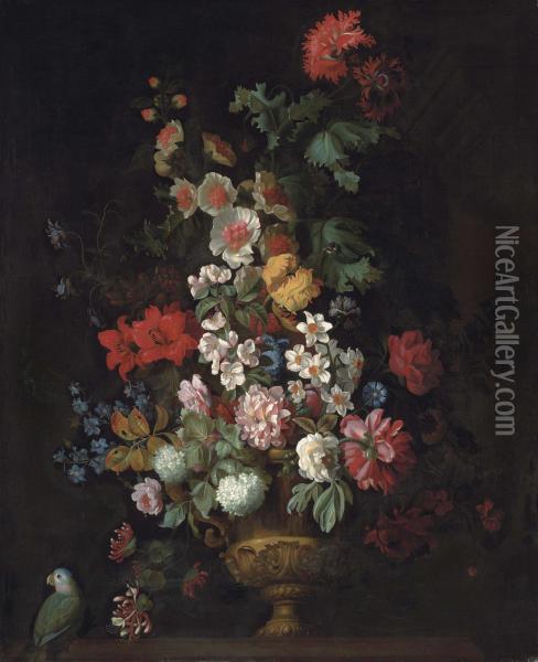 Roses, Lilies, Carnations, Chrysanthemums And Other Flowers In A Bronze Urn On A Ledge Oil Painting - Jakob Bogdani Eperjes C