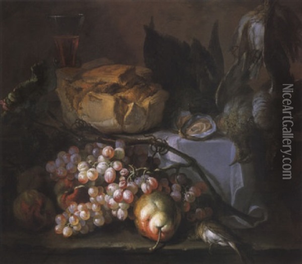 Nature Morte Aux Raisins, Miche De Pain Et Gibier Sur Un Entablement Oil Painting - Pierre Nicolas Huilliot