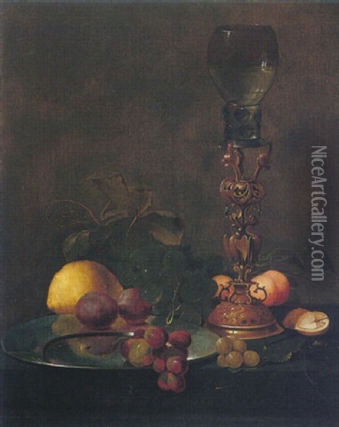 Still Life Of Grapes And Plums On A Pewter Plate, A Roemer On A Gilt Mount, Apricots, A Lemon And A Walnut On A Table Oil Painting - Jan Davidsz De Heem