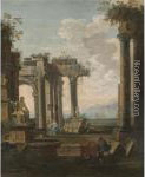 An Architectural Capriccio With Figures Amongst Classical Ruins Oil Painting - Giovanni Ghisolfi