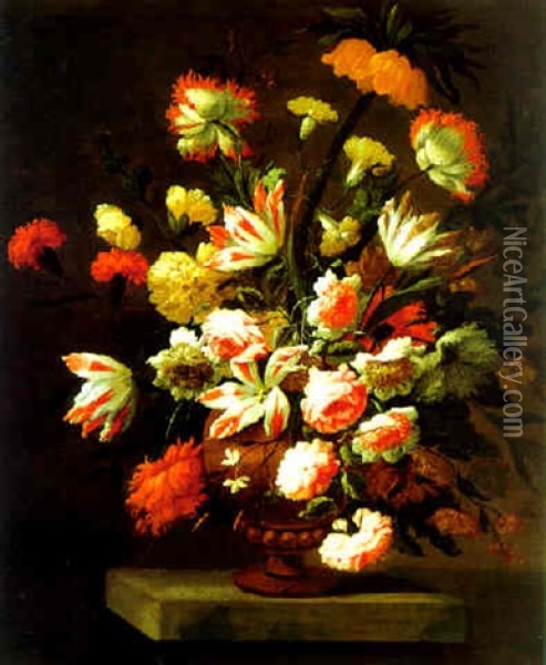 Groses Dekoratives Blumenstilleben Von Nelken, Pfingstrosen Und Konigskerze Oil Painting - Bartolome Perez