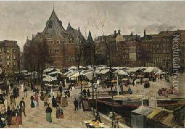 Market Day At The Nieuwmarkt, Amsterdam Oil Painting - Geo Poggenbeek