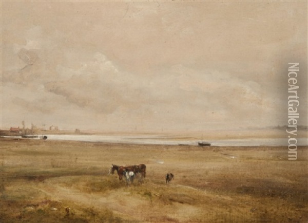 Estuary Landscape With Horses Oil Painting - Thomas Churchyard