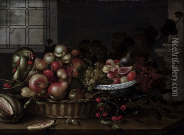 A Still Life With Pears, Apples And Peaches In A Wicker Basket, Grapes, Apricots, Figs And Cherries In A Wan-li Bowl, Together With A Parrot Eating Cherries, And A Melon And Hazelnuts On A Table, A Partial View Of A Window On The Left Oil Painting - Michiel Simons