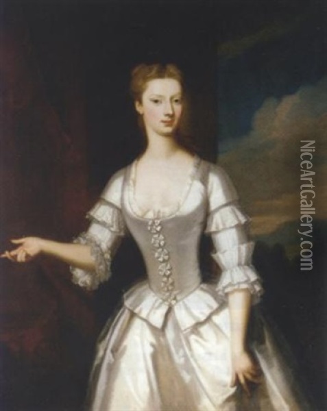 Portrait Of A Lady (miss Sophia Edgecomb?) In A Grey Satin Dress Oil Painting - Enoch Seeman