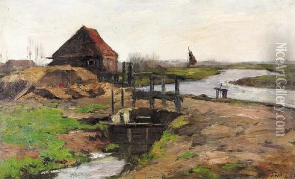 Hollandische Feldpartie Mit Kanal Und Schleuse. Oil Painting - Jacques Abraham Zon