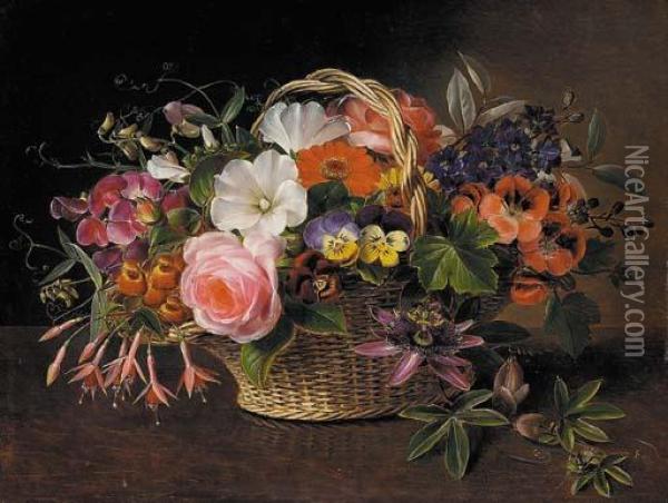 Pansies, Fuschias, Convolvulus, And A Rose And Other Flowers In A Wicker Basket Oil Painting - Johan Laurentz Jensen