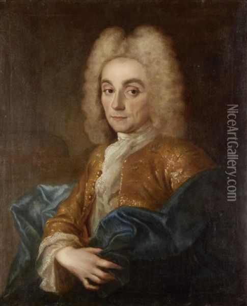 Portrait Of A Gentleman, Said To Be Charles Francois, Duc De La Valliere (1670-1739), Half-length, In A Gold Brocade Coat And A Blue Silk Wrap Oil Painting - Jean-Baptiste Oudry