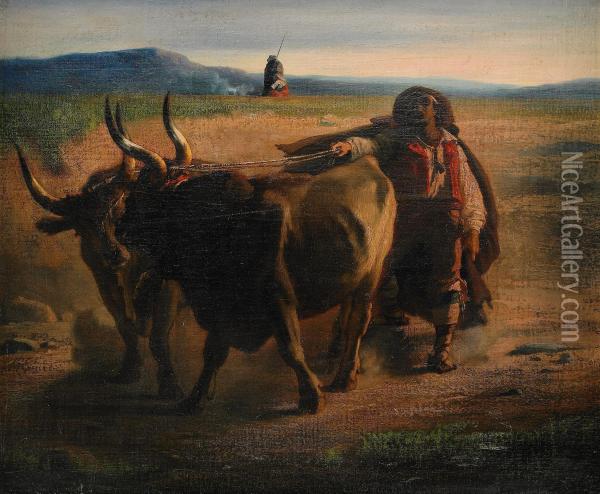 Landskap Med Herdar Och Tjurar Oil Painting - Auguste I Boulard