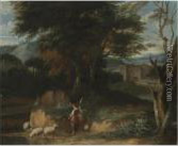A Wooded Landscape With A Shepherdess Tending Her Flock, A Castlebeyond Oil Painting - Jaques D'Arthois