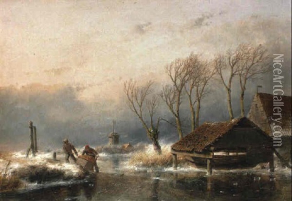 A Winter Landscape With Peasants Pushing A Sledge Oil Painting - Andreas Schelfhout