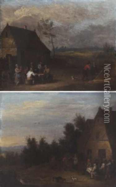 A Landscape With Peasants Smoking Around A Table Outside A Farmhouse Oil Painting - Mathys Schoevaerdts
