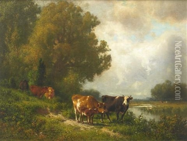 Family Of Cattle By A Brook Oil Painting - William M. Hart