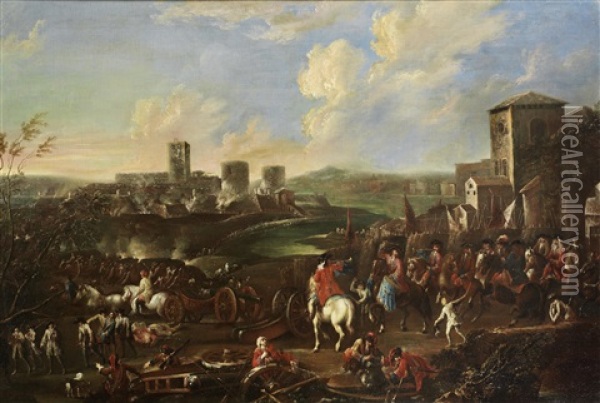 A Regiment Preparing The Siege Of A Distant Fortified Town Oil Painting - Ilario Spolverini