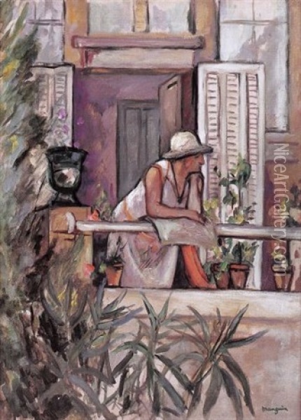 Figure Sur La Terrasse De L'atelier, L'oustalet, Ete Oil Painting - Henri Charles Manguin